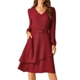 thumbnail image 1 of DARING DIVA Long Sleeve V Neck Dress High Waist Layered Dress S Wine Red, 1 of 6
