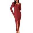thumbnail image 1 of DARING DIVA Long Sleeve V Neck Slit Hem Maxi Cocktail Dress S Wine Red, 1 of 5