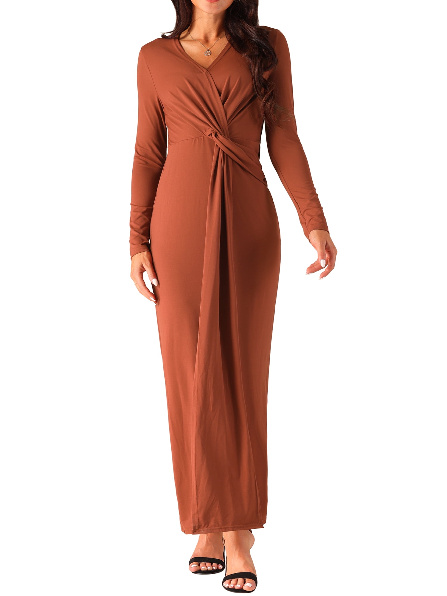 DARING DIVA Long Sleeve V Neck Wrap Split Hem Bodycon Cocktail Dress M Brick Red