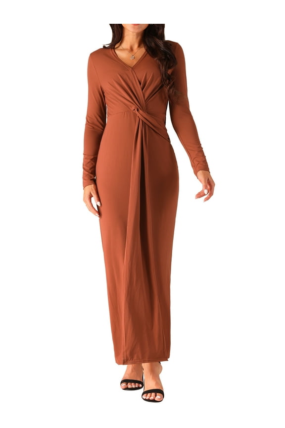 Long Sleeve V Neck Wrap Split Hem Bodycon Cocktail Dress S Brick Red