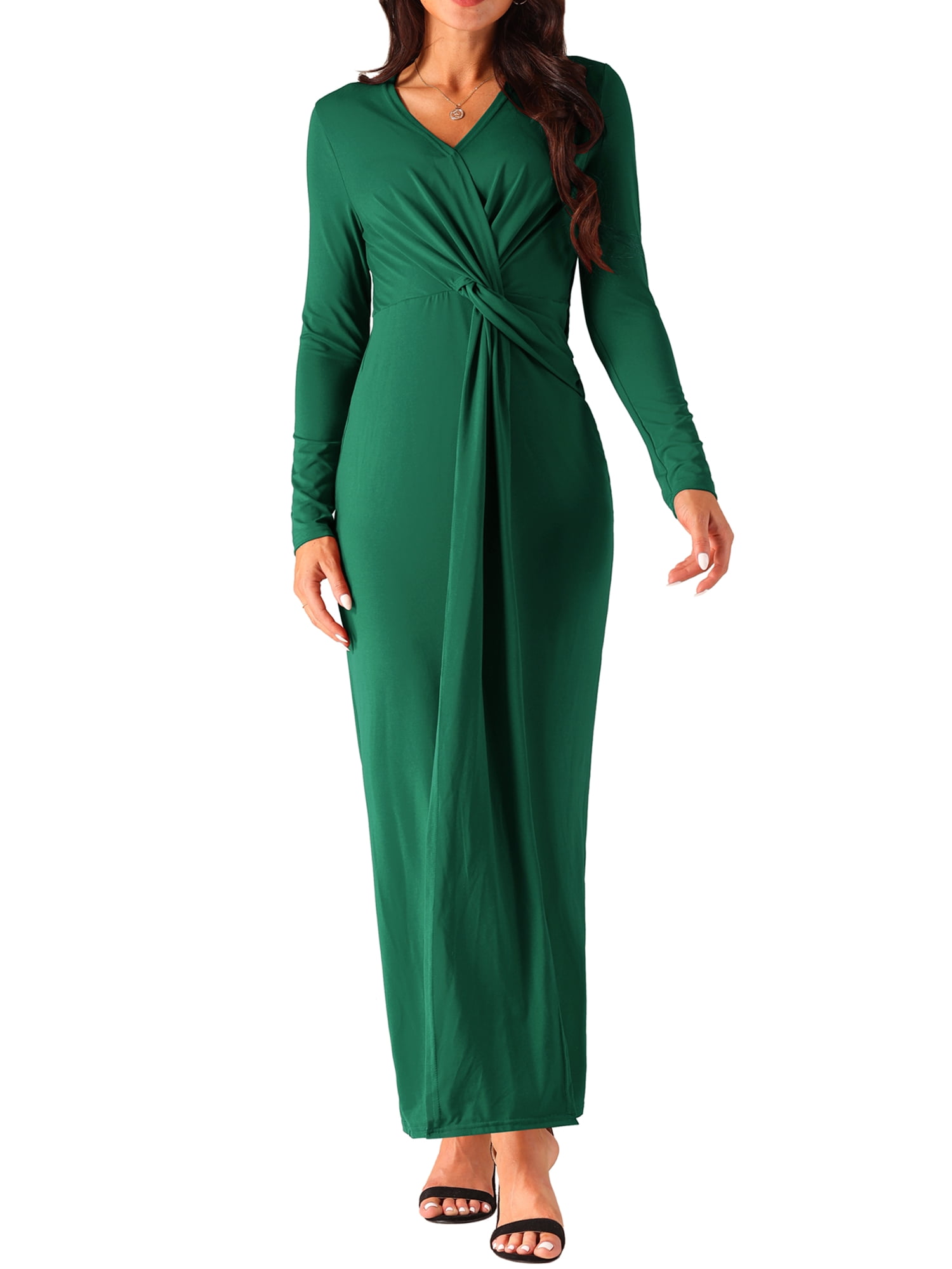 DARING DIVA Long Sleeve V Neck Wrap Split Hem Bodycon Cocktail Dress S Deep Green
