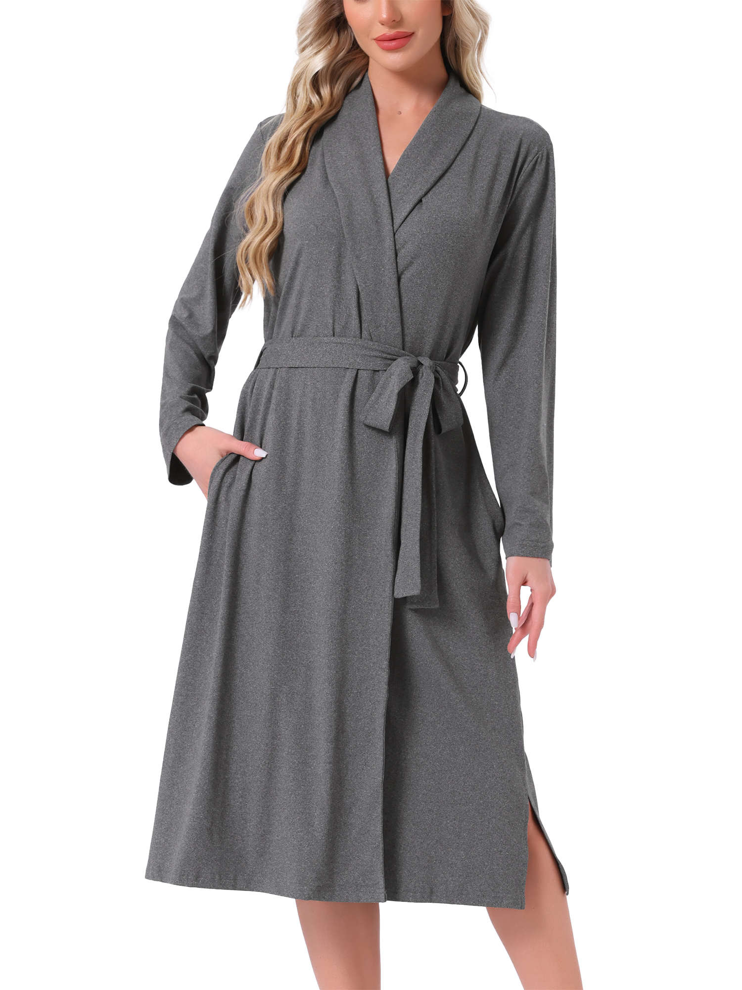 DARING DIVA Long Sleeve V-neck Kimono Midi Loungewear Bathrobe M Dark Gray