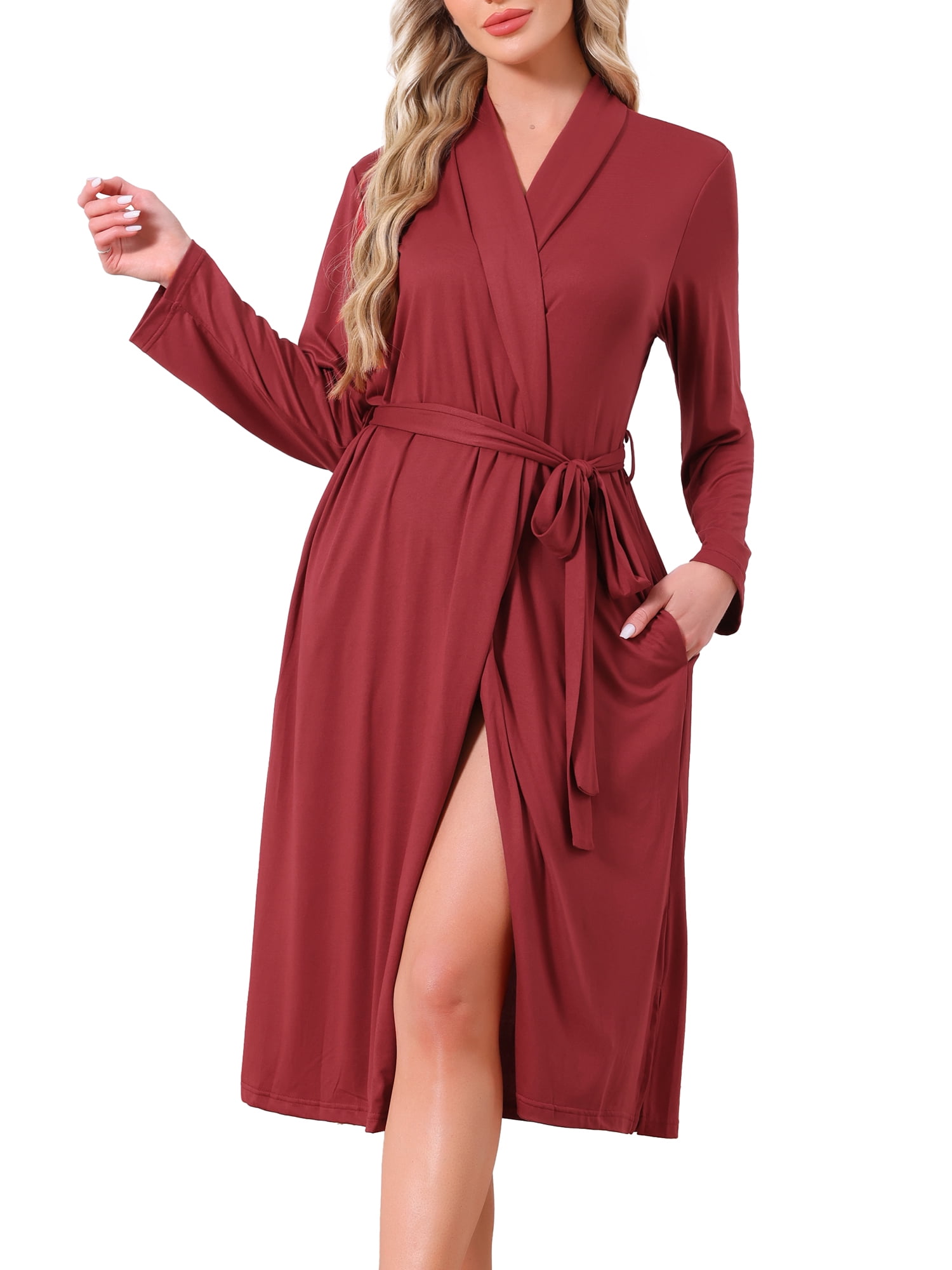 DARING DIVA Long Sleeve V-neck Kimono Midi Loungewear Bathrobe M Wine Red