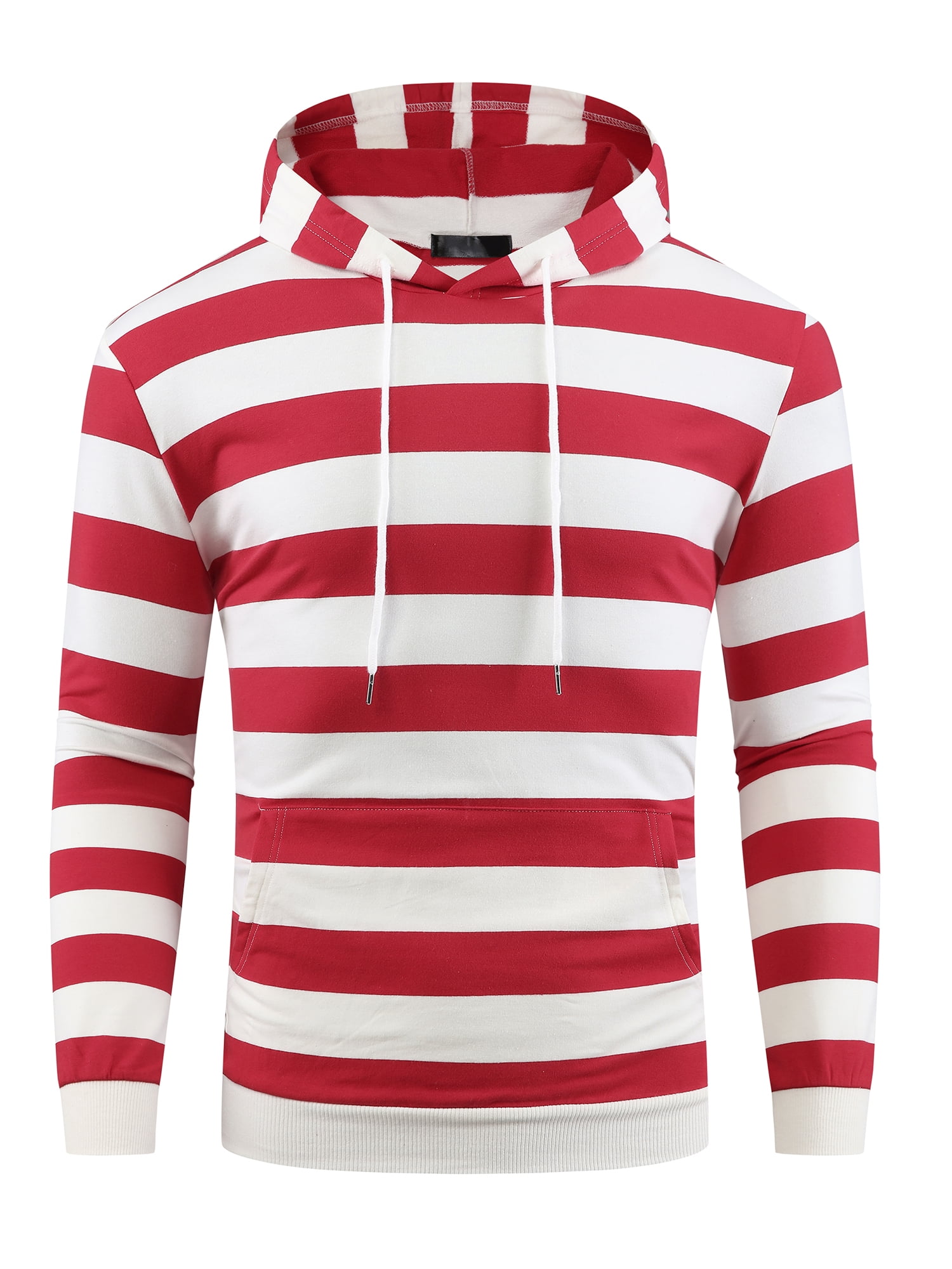 DARING DIVA Men's Striped Long Sleeves Drawstring Pullover Sweatshirts Hoodie 2XL Red White