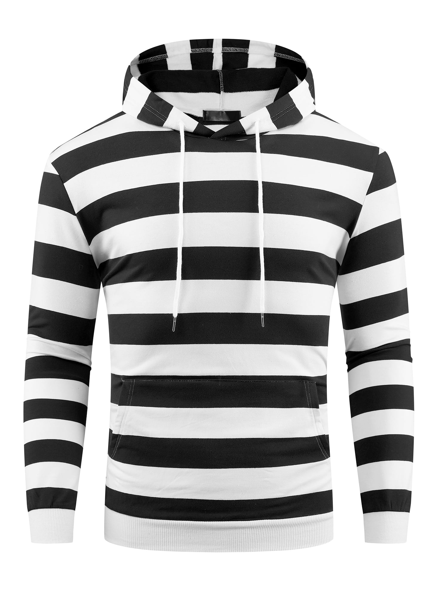 DARING DIVA Men's Striped Long Sleeves Drawstring Pullover Sweatshirts Hoodie L Black White