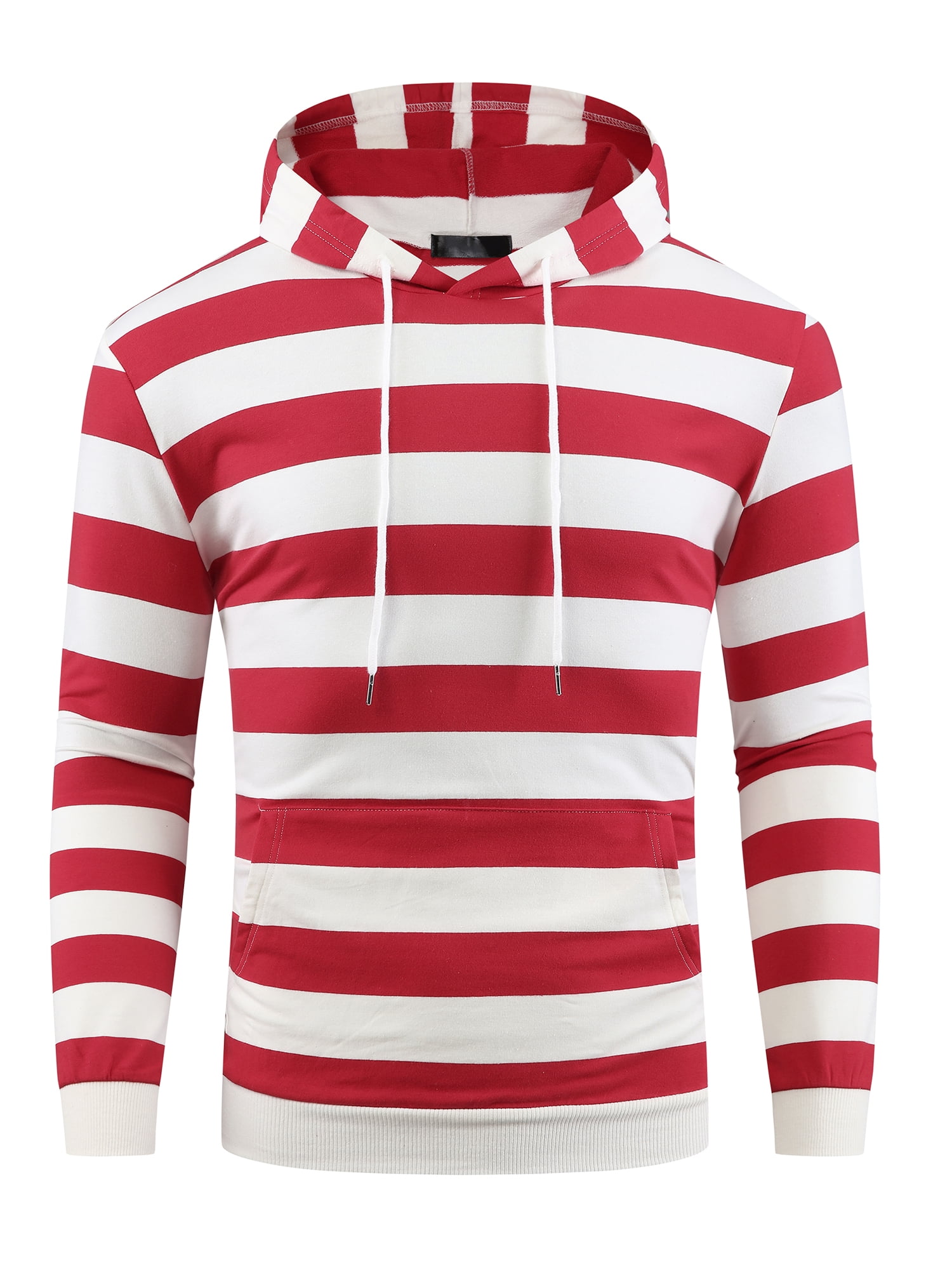 DARING DIVA Men's Striped Long Sleeves Drawstring Pullover Sweatshirts Hoodie L Red White