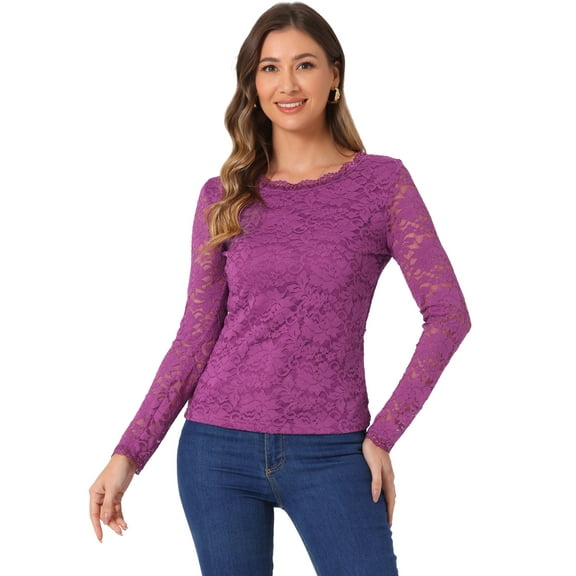DARING DIVA Long Sleeves Flower Embroidery Lace Tops L Dark Purple