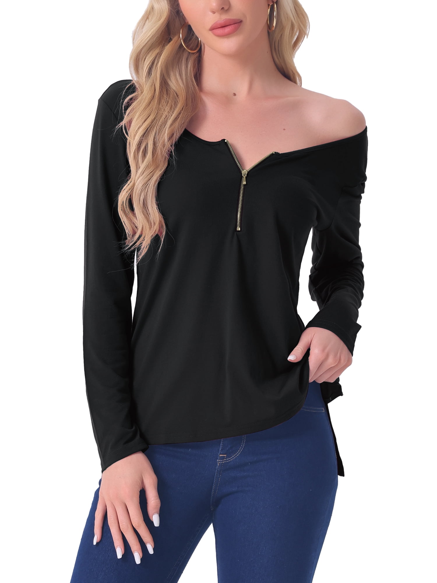 DARING DIVA Long Sleeves Pullover Solid Round Neck Pajama Tops S Black