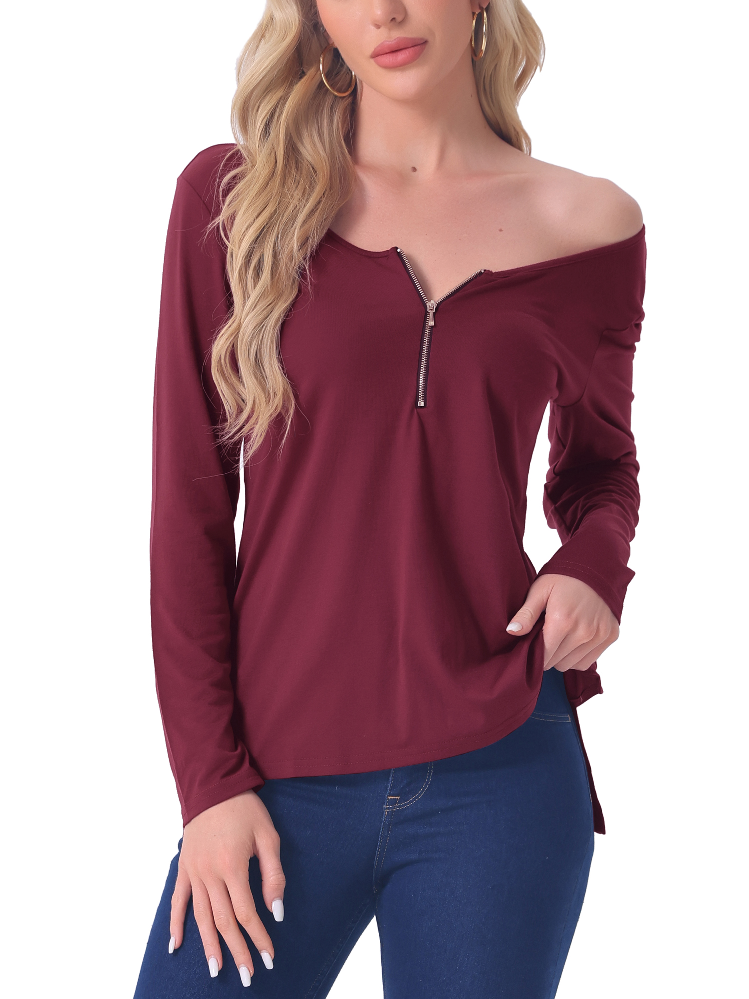 DARING DIVA Long Sleeves Pullover Solid Round Neck Pajama Tops S Red