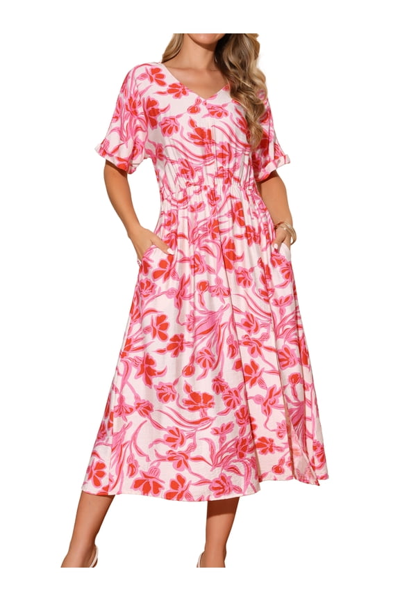 Loose Boho V Neck Short Sleeve Tie Waist Floral Maxi Dress L Pink