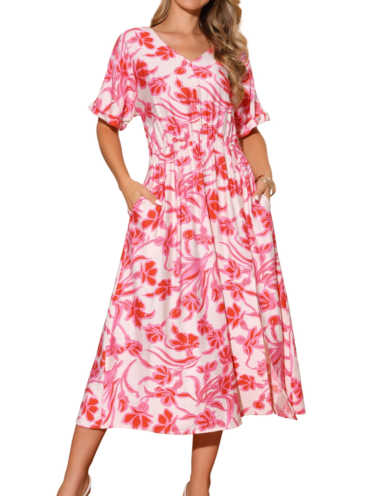 DARING DIVA Loose Boho V Neck Short Sleeve Tie Waist Floral Maxi Dress M Pink