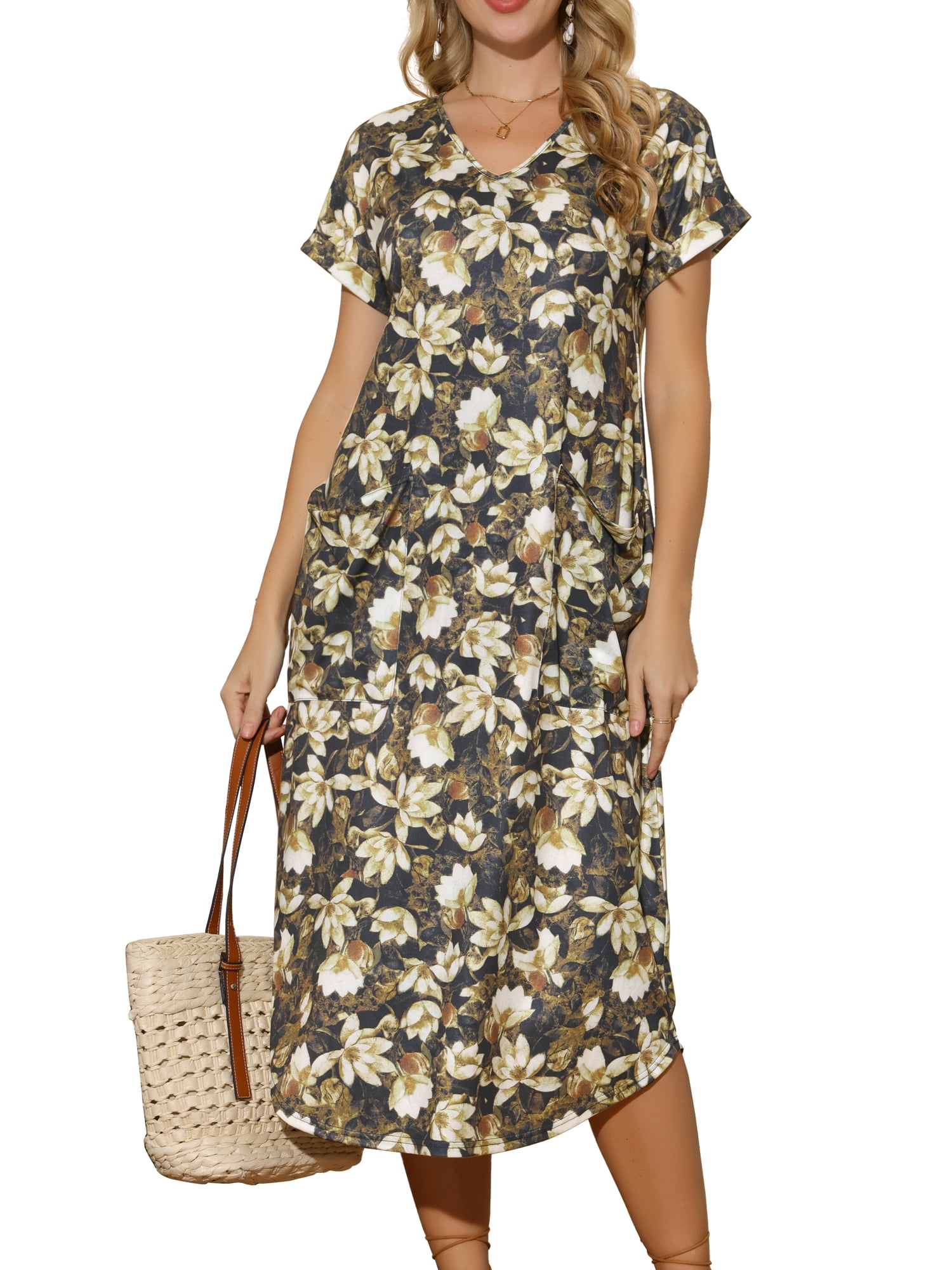 DARING DIVA Loose Summer V Neck Short Sleeve Floral Midi Dress L Yellow