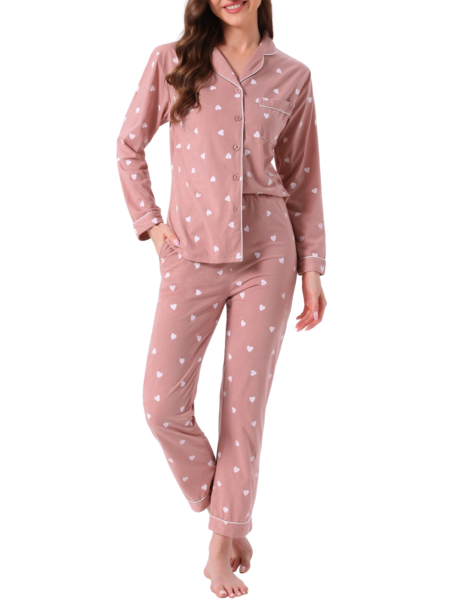 DARING DIVA Lounge Set Cotton Button Up Cute Print Pajama Set L Heart