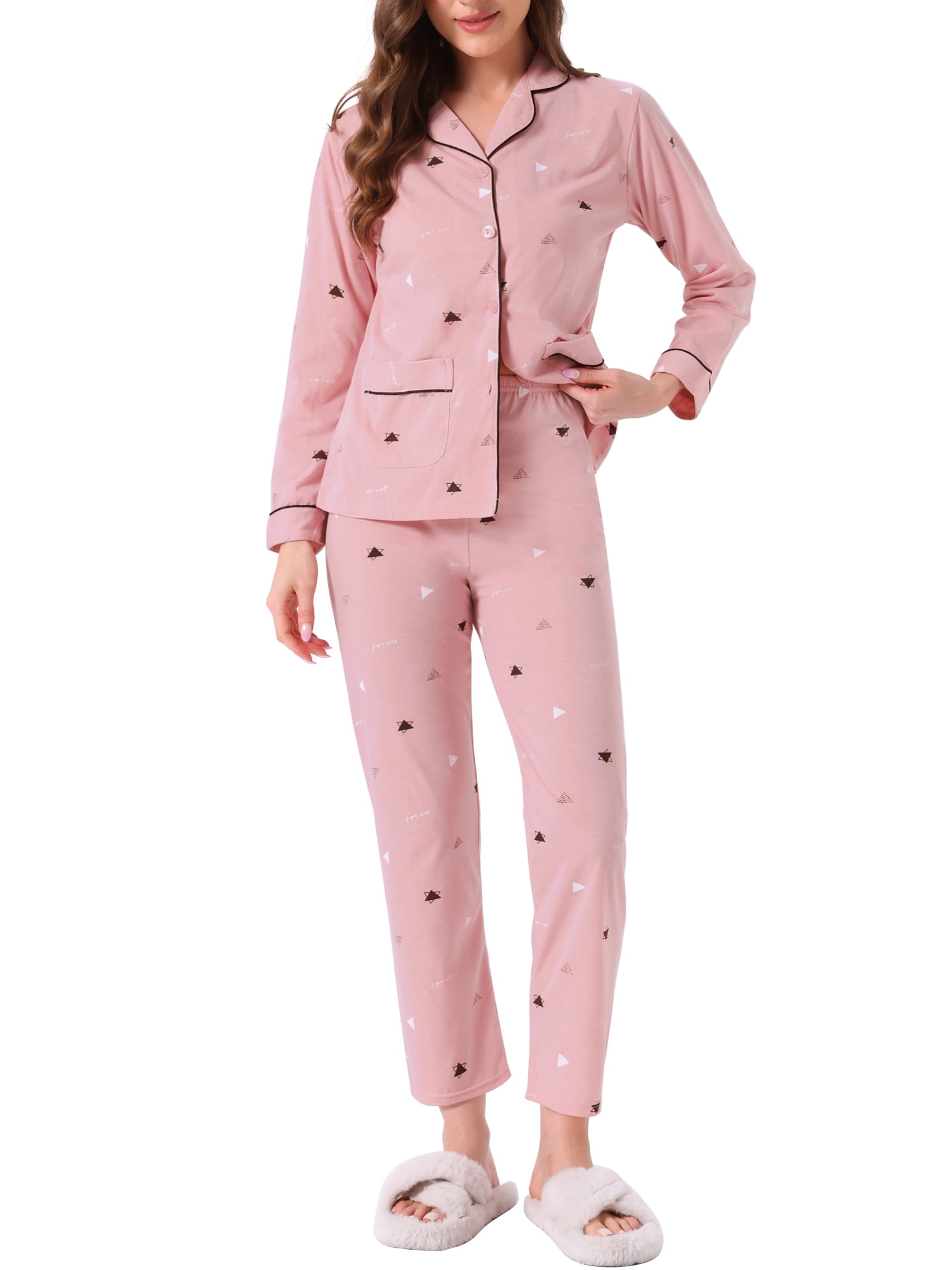 DARING DIVA Lounge Set Cotton Button Up Cute Print Pajama Set L Triangle