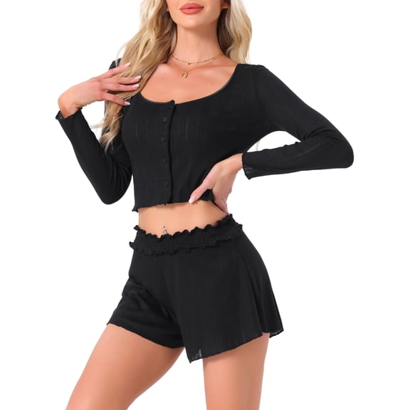 DARING DIVA Lounge Set Long Sleeve Pajamas Button 2 Pieces Shirts XS Black