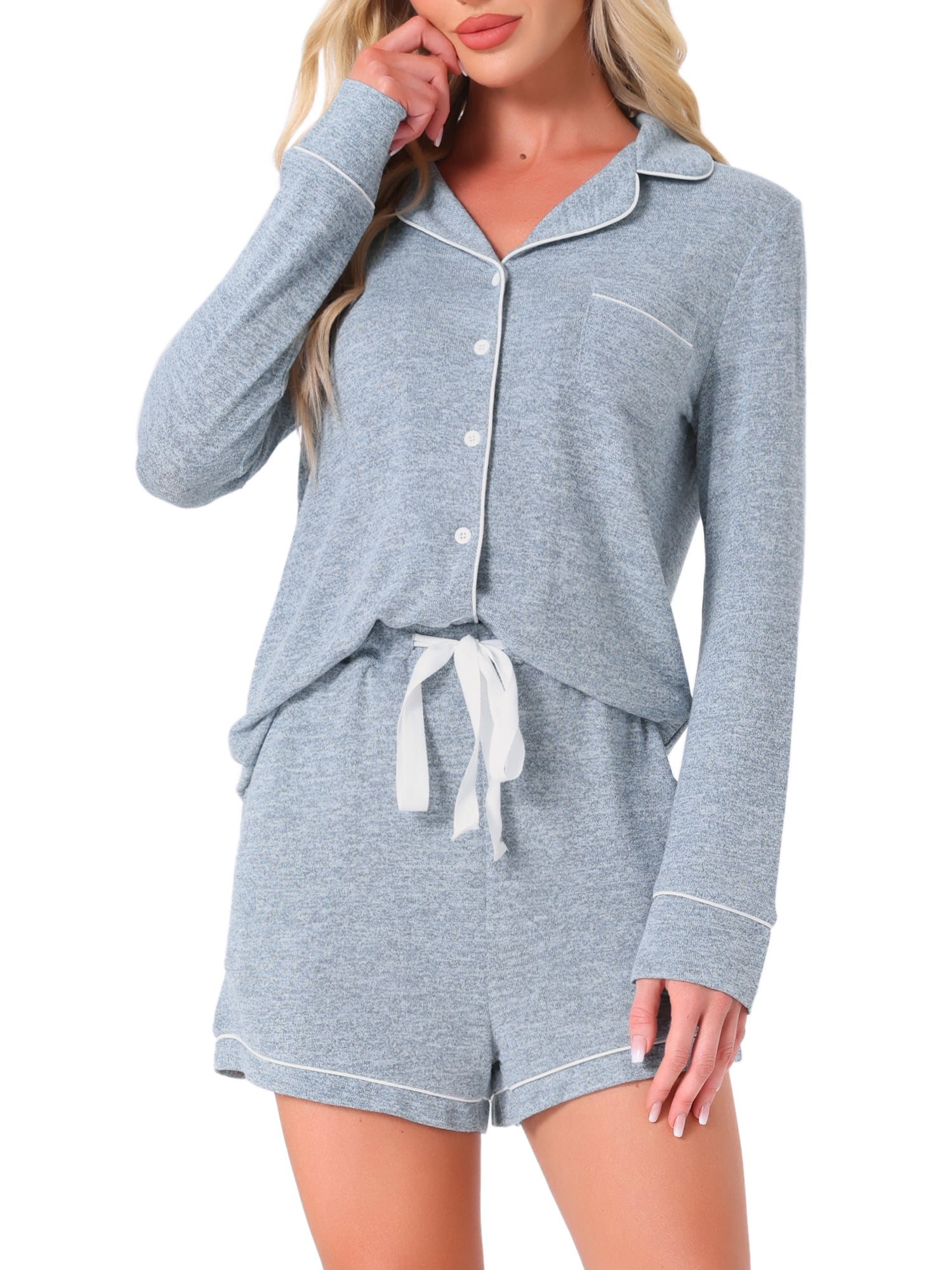 DARING DIVA Lounge Set Soft Button Up Notch Collar Long Sleeve Shorts Set L Blue