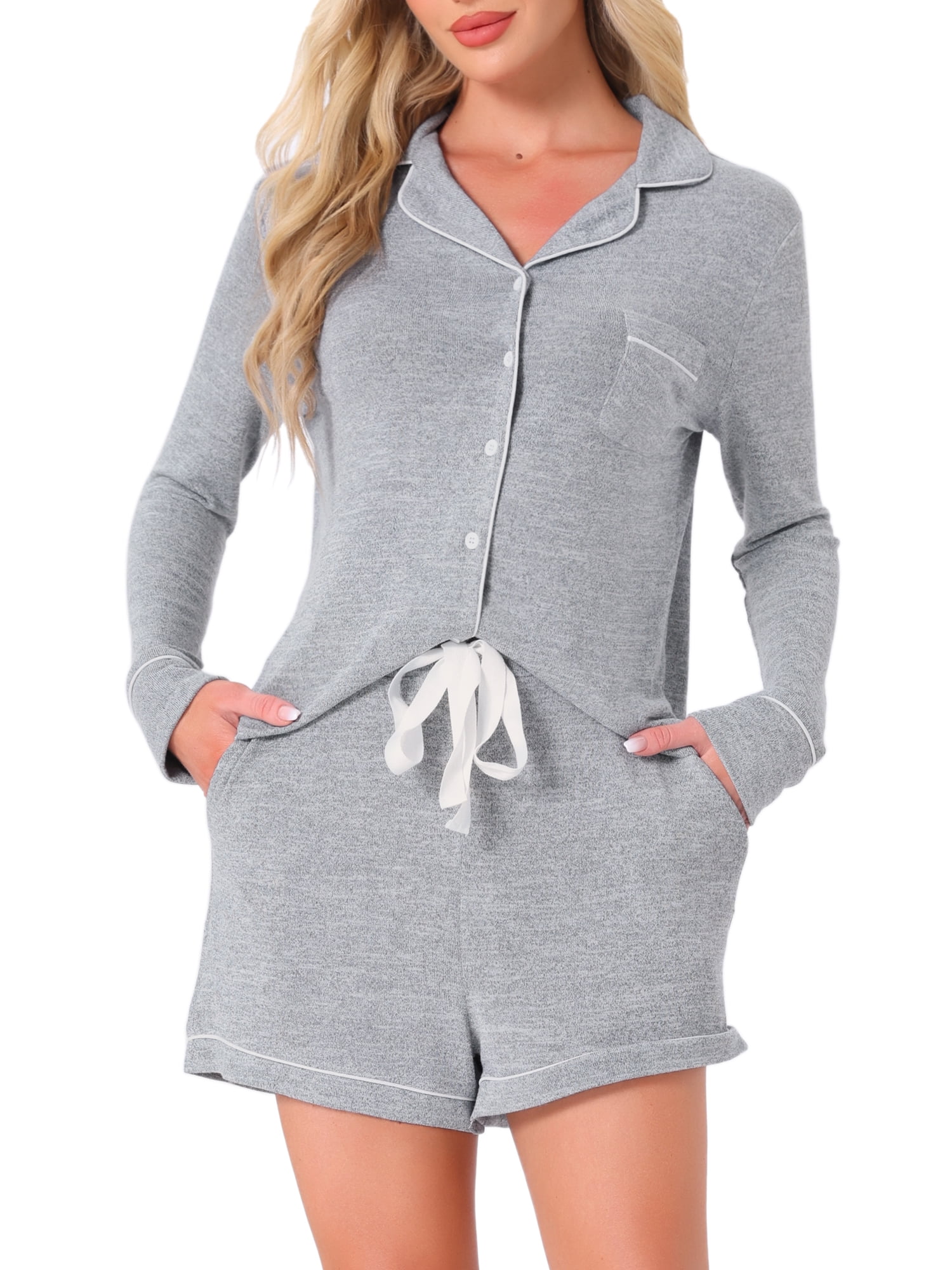DARING DIVA Lounge Set Soft Button Up Notch Collar Long Sleeve Shorts Set M Grey