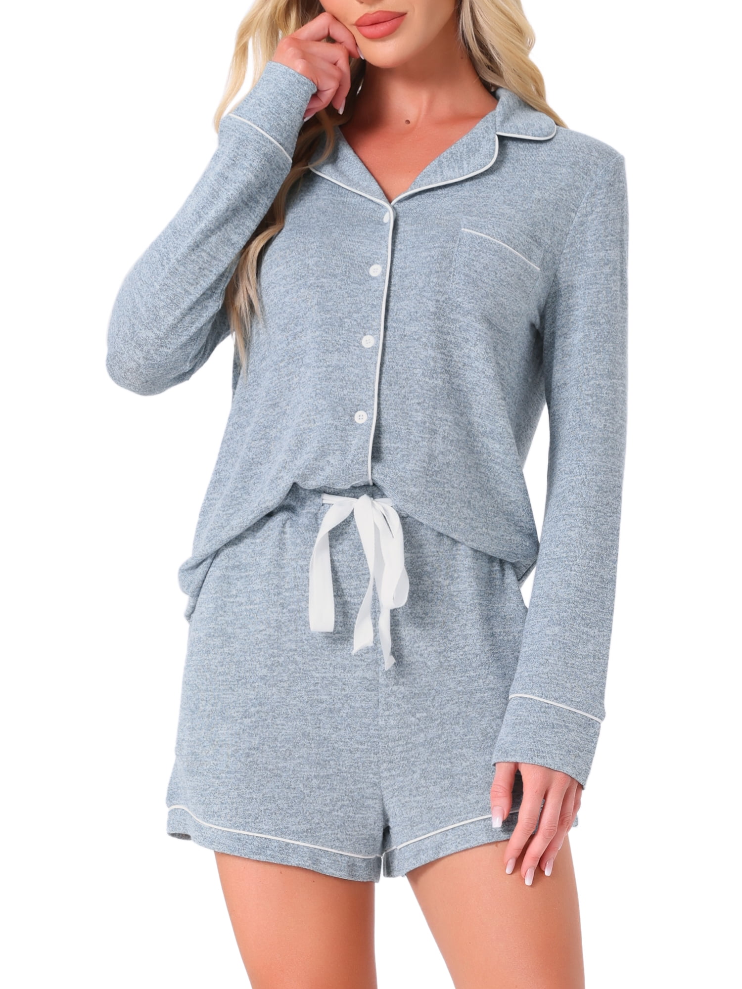 DARING DIVA Lounge Set Soft Button Up Notch Collar Long Sleeve Shorts Set XL Blue