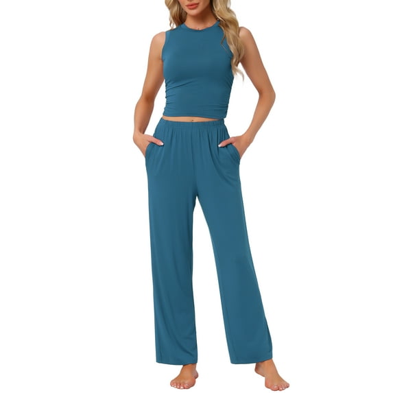 DARING DIVA LoungeStretchy Side Ruched Crop Top Tank Pajama Set L Blue