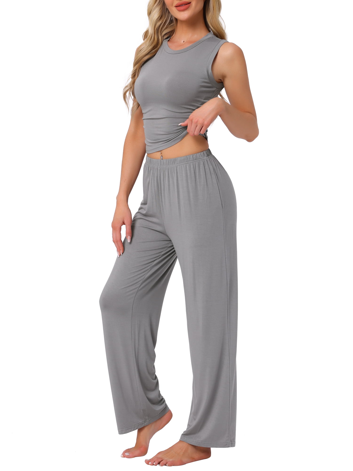 DARING DIVA LoungeStretchy Side Ruched Crop Top Tank Pajama Set M Grey