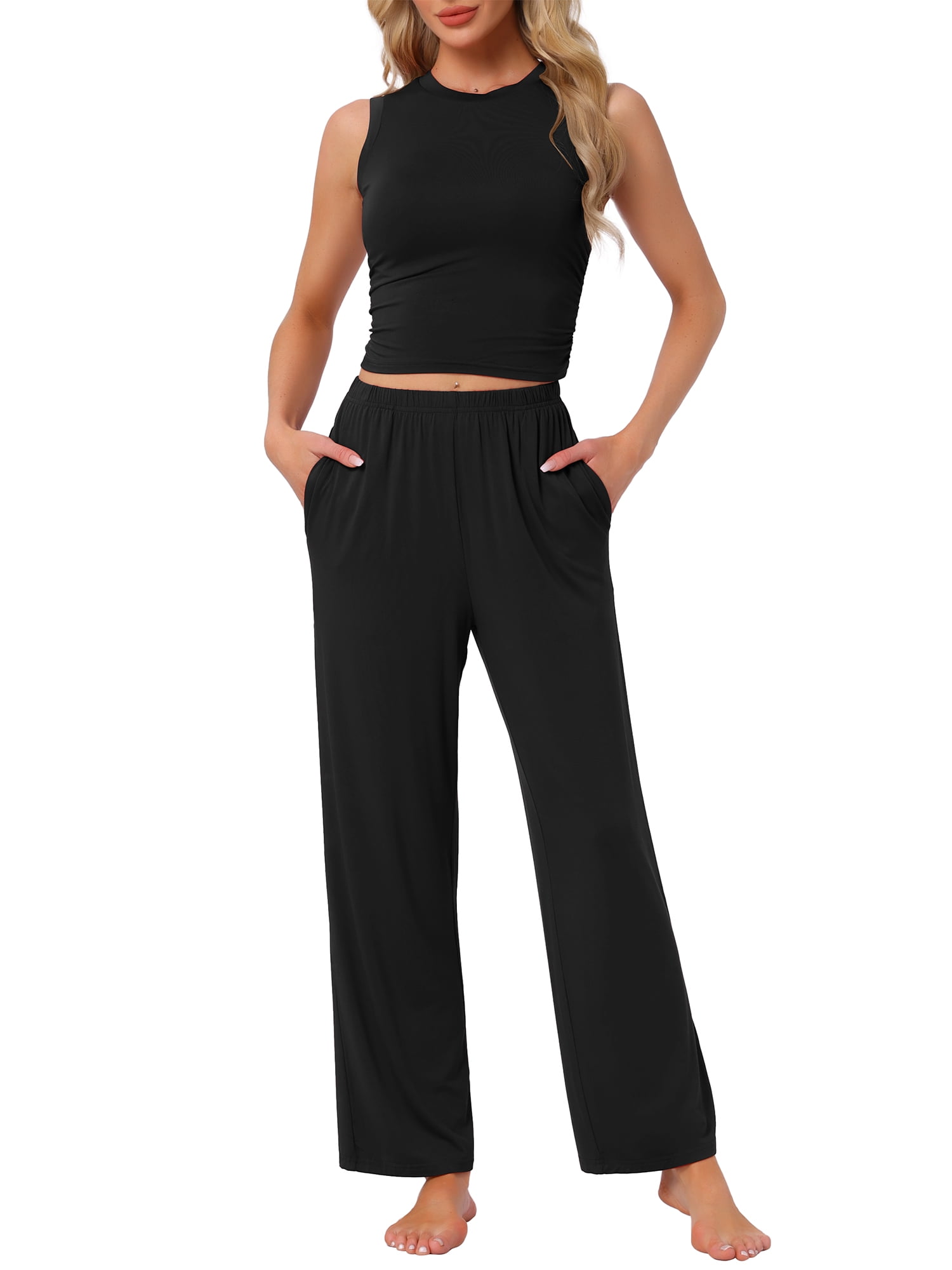 DARING DIVA LoungeStretchy Side Ruched Crop Top Tank Pajama Set XS Black
