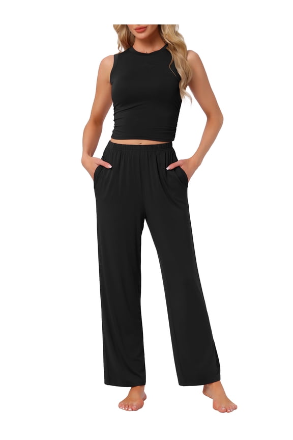 LoungeStretchy Side Ruched Crop Top Tank Pajama Set XS Black