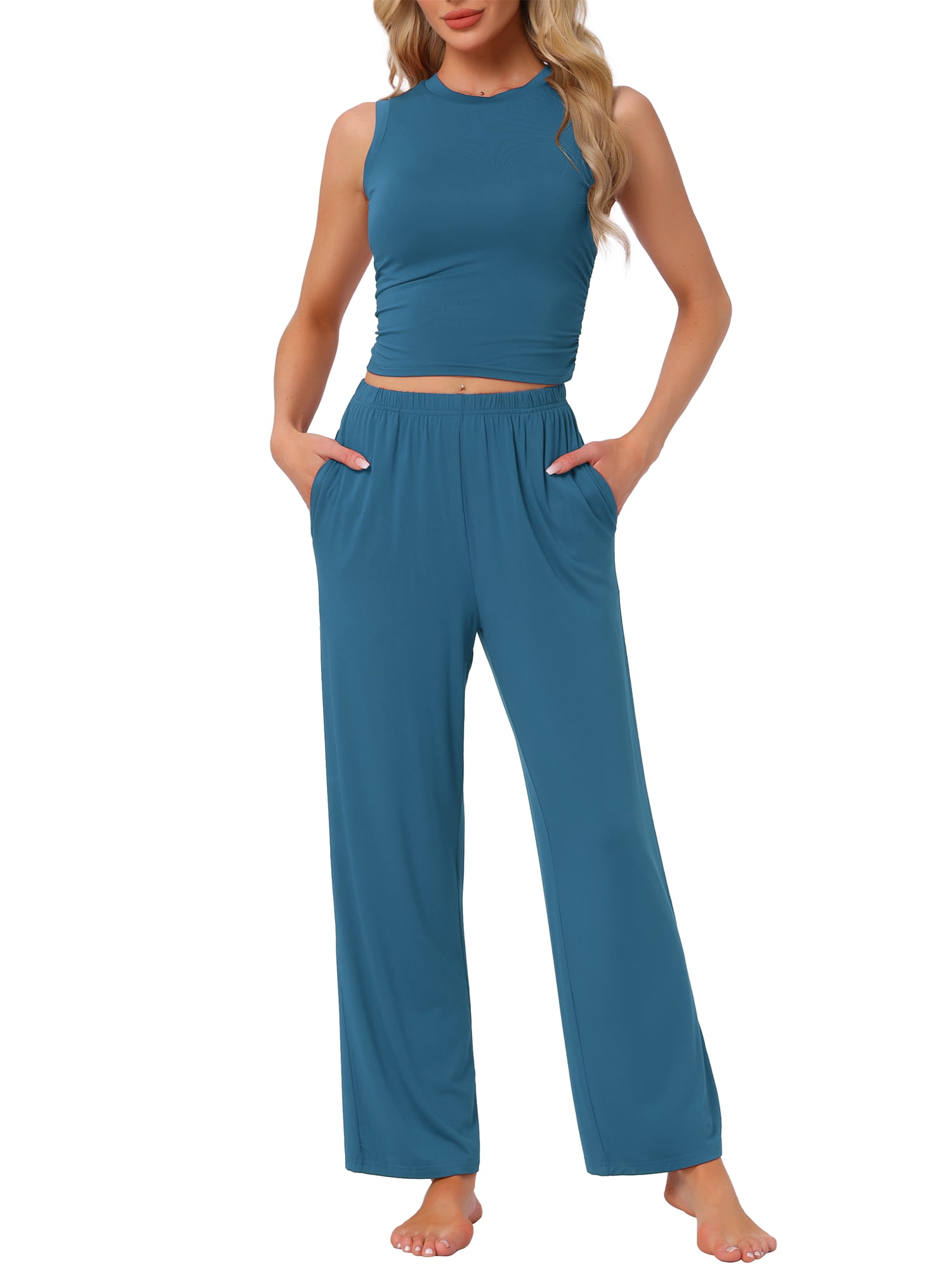 DARING DIVA LoungeStretchy Side Ruched Crop Top Tank Pajama Set XS Blue