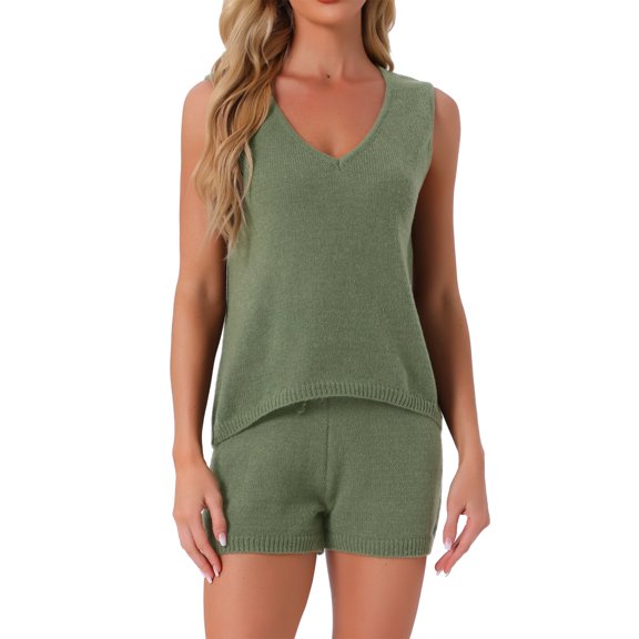 DARING DIVA Loungewear Knit Tank V Neck Contrast Stripe Pajama Set L Deep Green