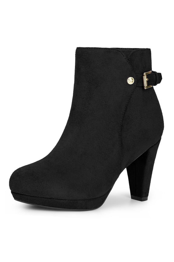 Low Platform Boots Round Toe Buckle Chunky Heel Ankle Booties Black 9