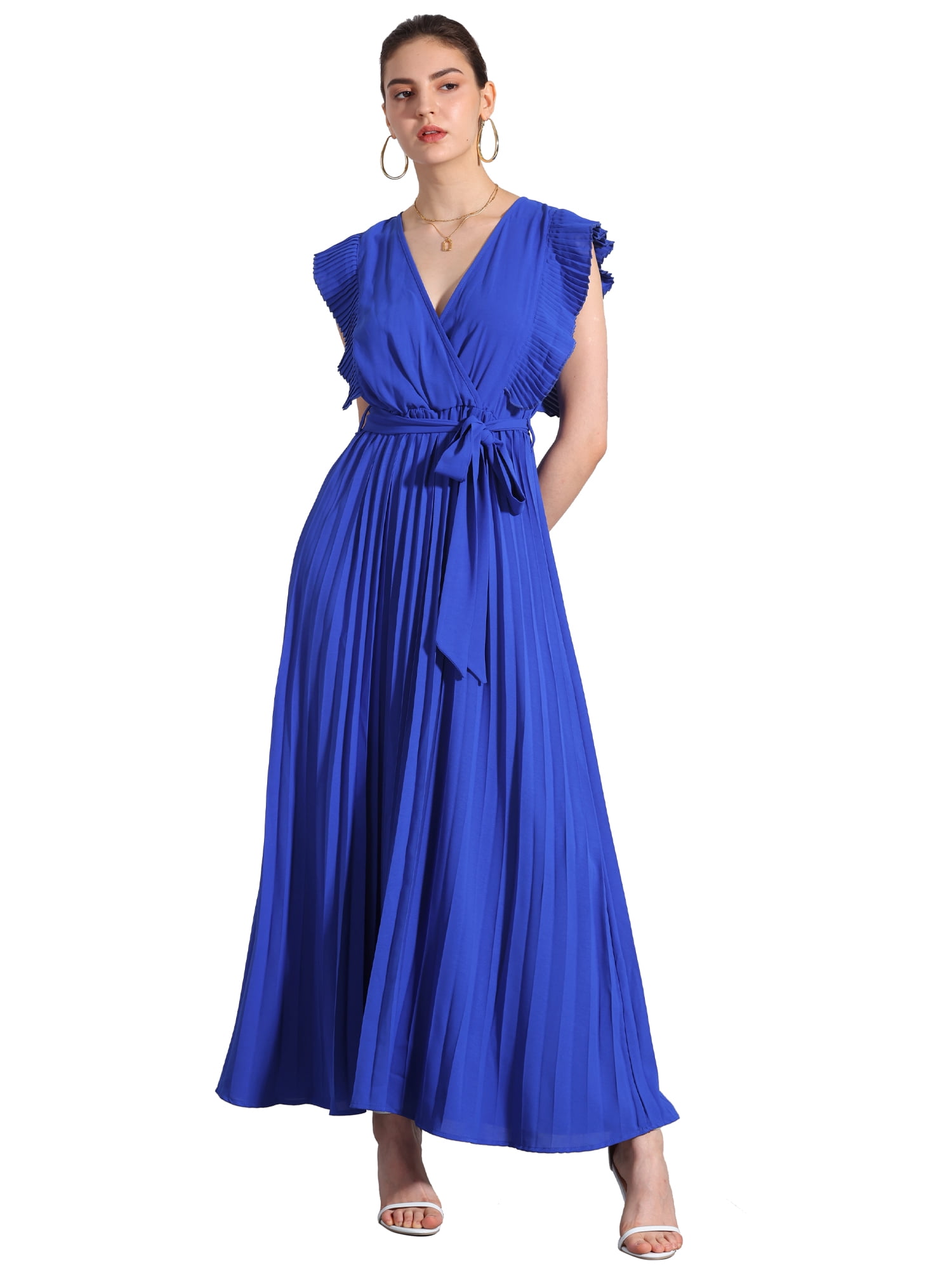DARING DIVA Maxi Ruffled Sleeve V Neck Pleated Dress S Royal Blue