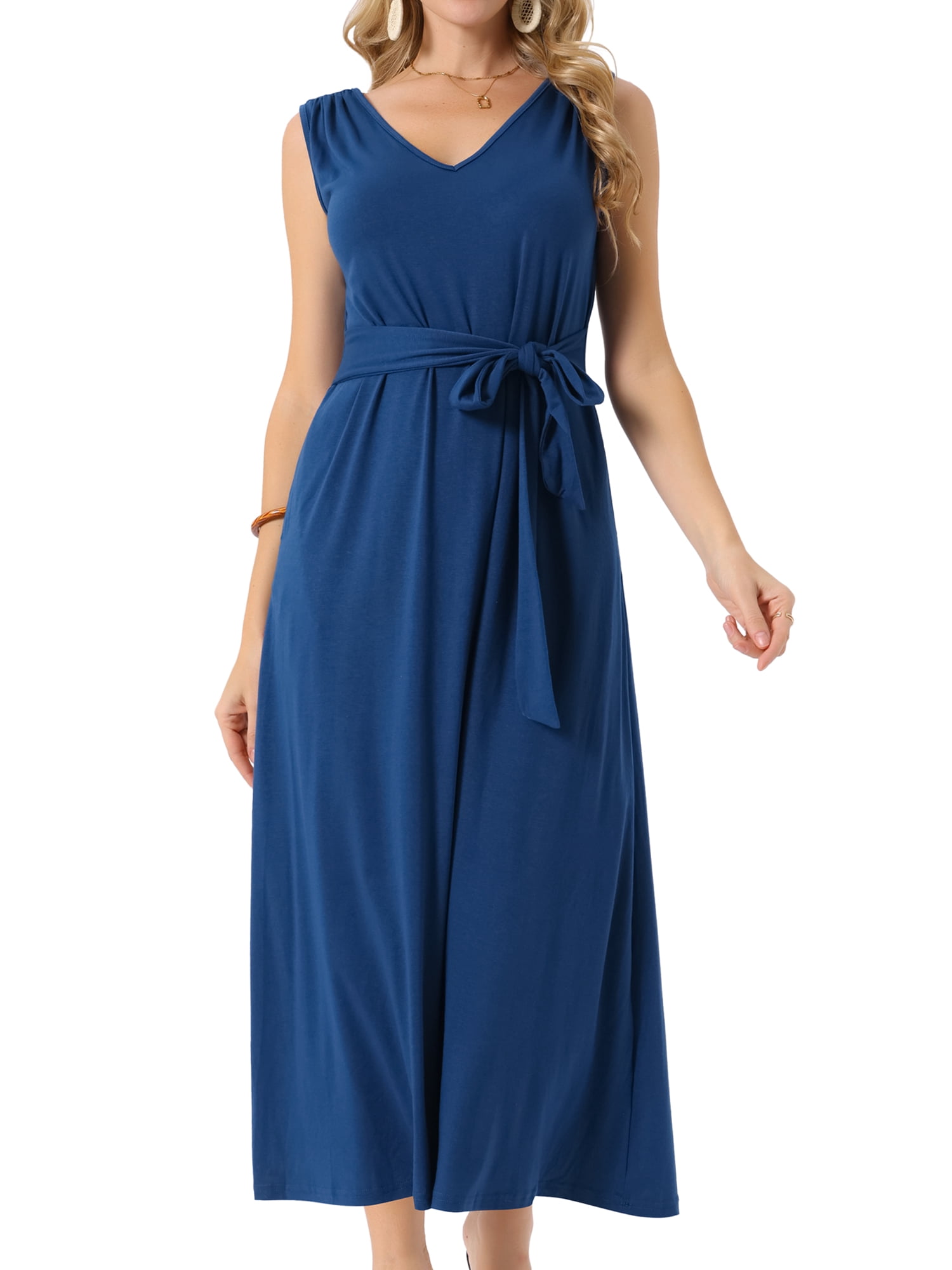 DARING DIVA Maxi Sleeveless V Neck Tie Waist Casual Long Dress S Dark Blue
