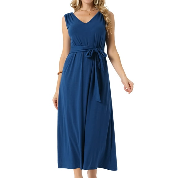DARING DIVA Maxi Sleeveless V Neck Tie Waist Casual Long Dress S Dark Blue