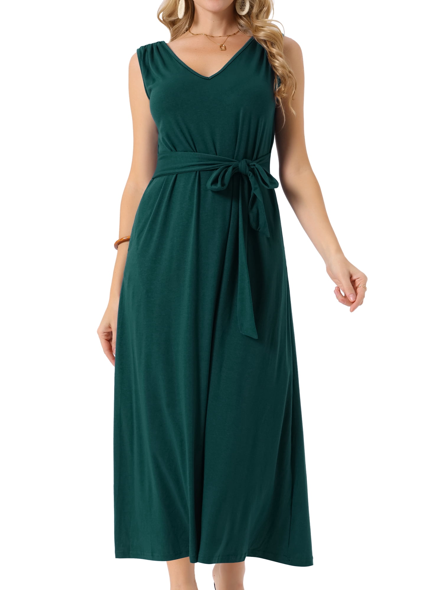 DARING DIVA Maxi Sleeveless V Neck Tie Waist Casual Long Dress S Dark Green