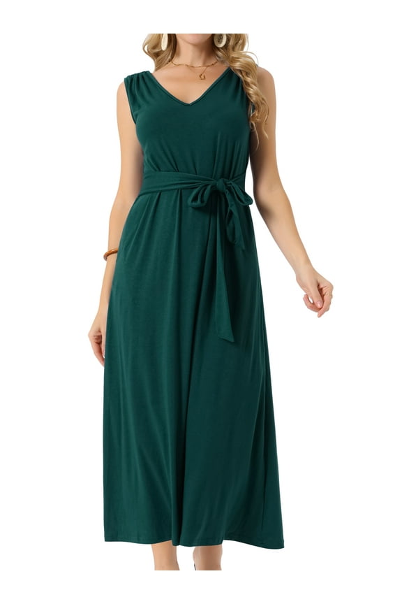 Maxi Sleeveless V Neck Tie Waist Casual Long Dress S Dark Green