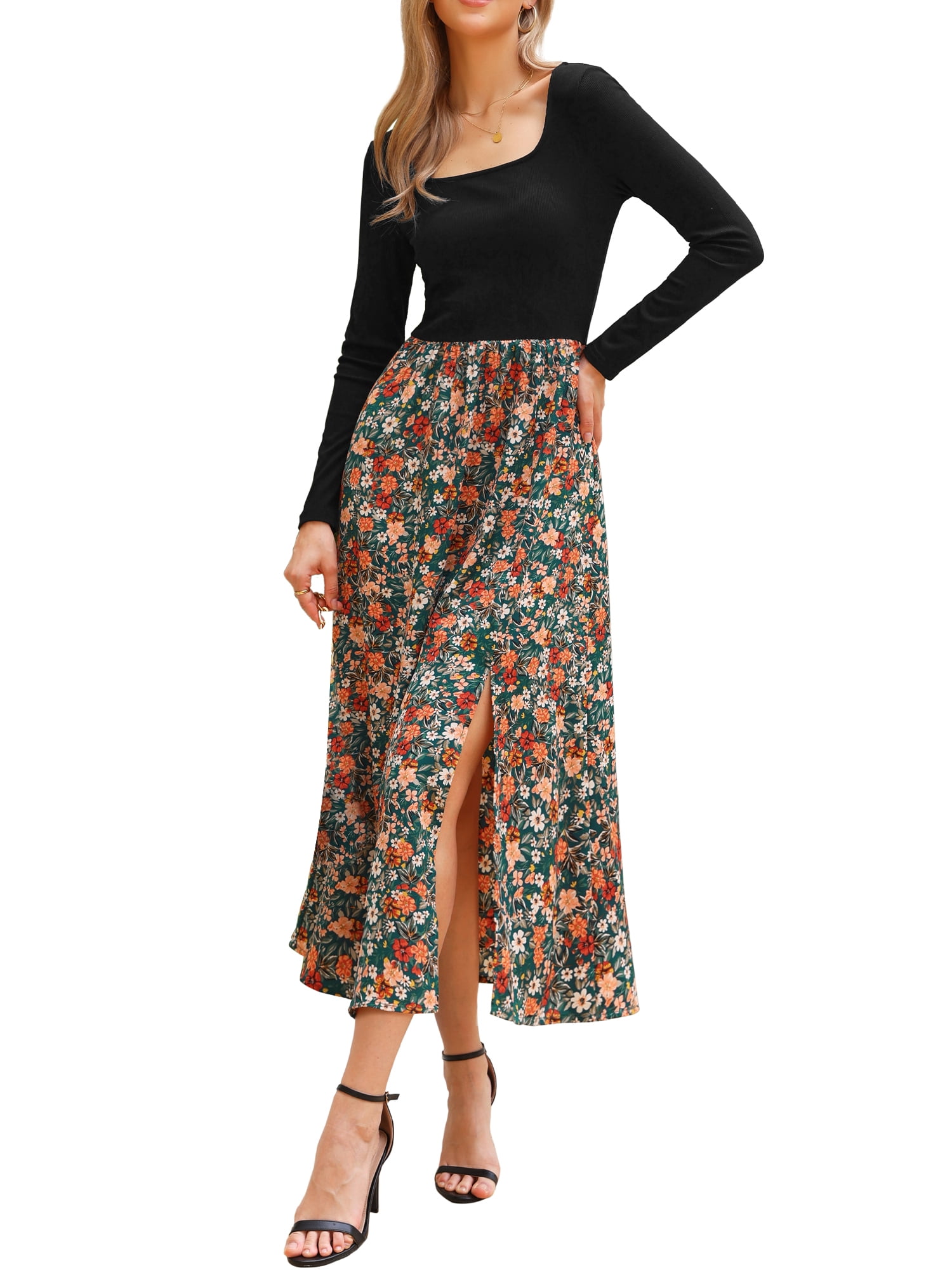 DARING DIVA Women's Maxi Long Sleeve Flowy Vintage Casual Floral Dress L Black Green
