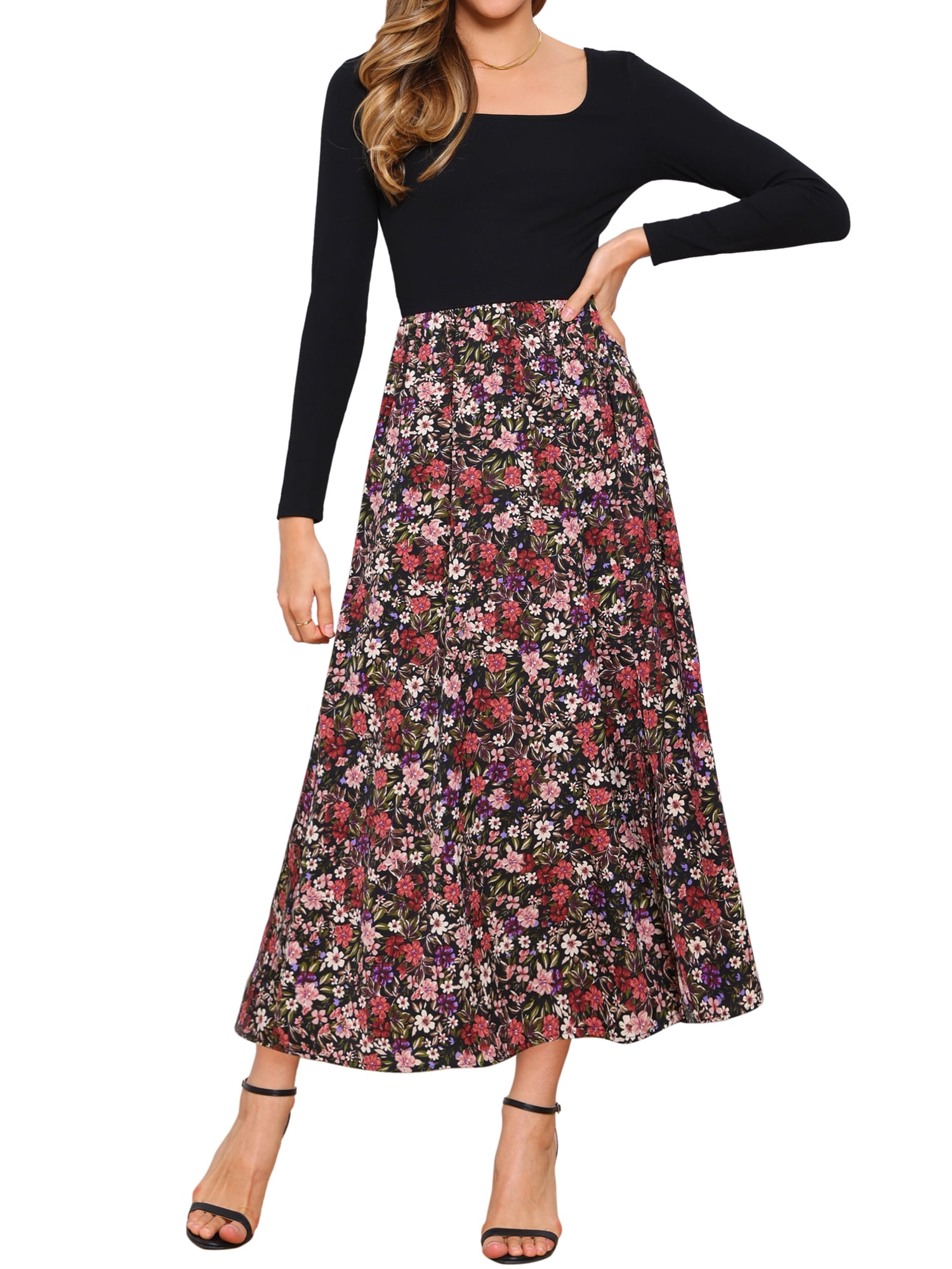 DARING DIVA Maxi Swing Long Sleeve Square Neck Floral Cocktail Dress M Black Red