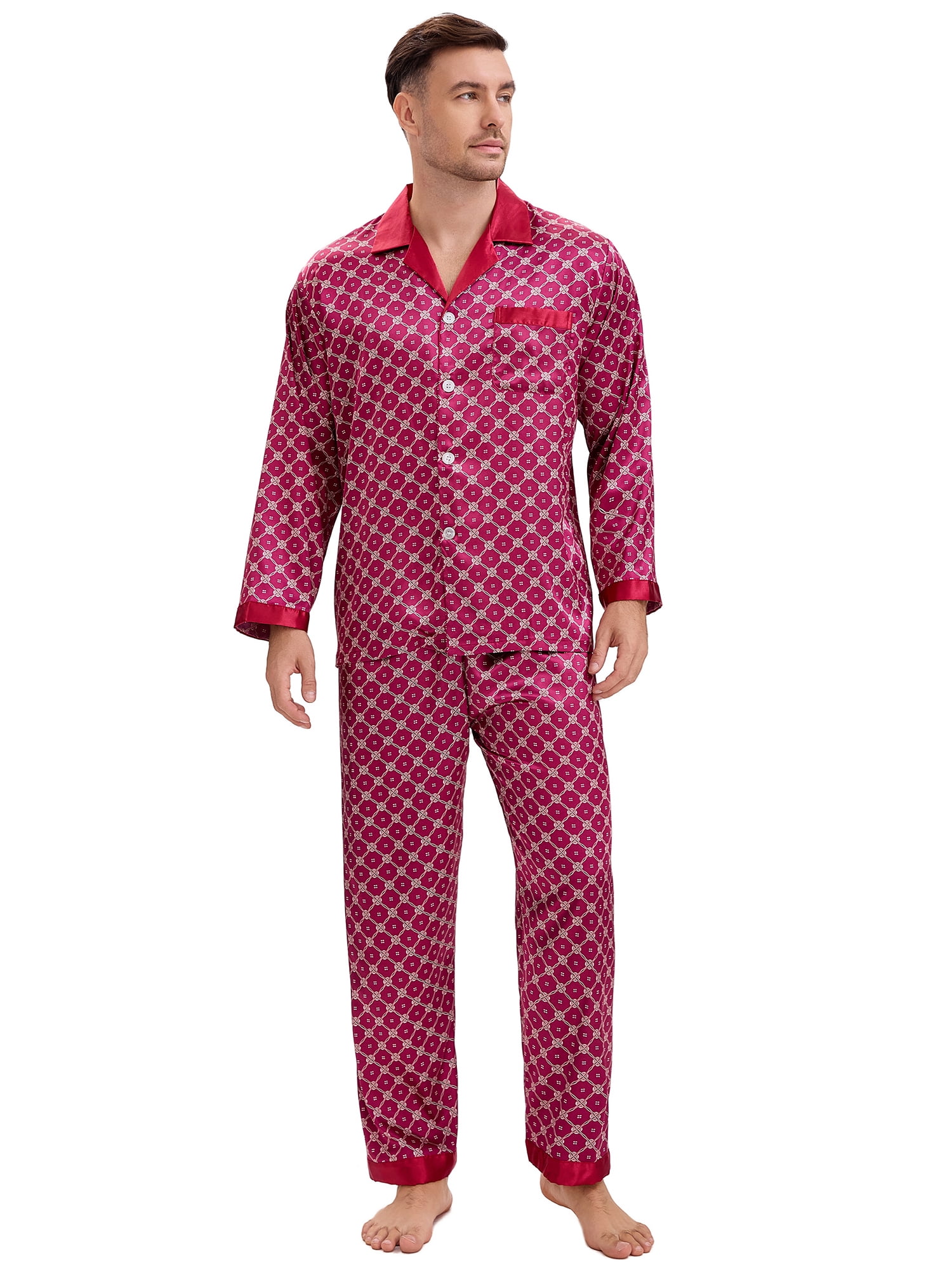 DARING DIVA Men's 2-Piece Button Down Printing Sleepshirt Pajamas Set L Red