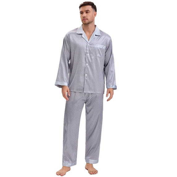 DARING DIVA Men's 2-Piece Button Down Printing Sleepshirt Pajamas Set L Silver Gray