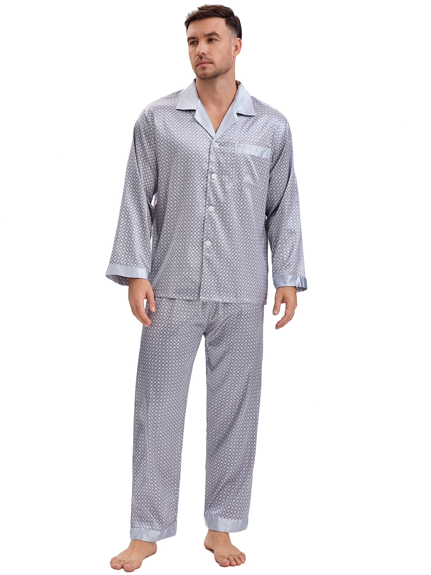 DARING DIVA Men's 2-Piece Button Down Printing Sleepshirt Pajamas Set S Silver Gray