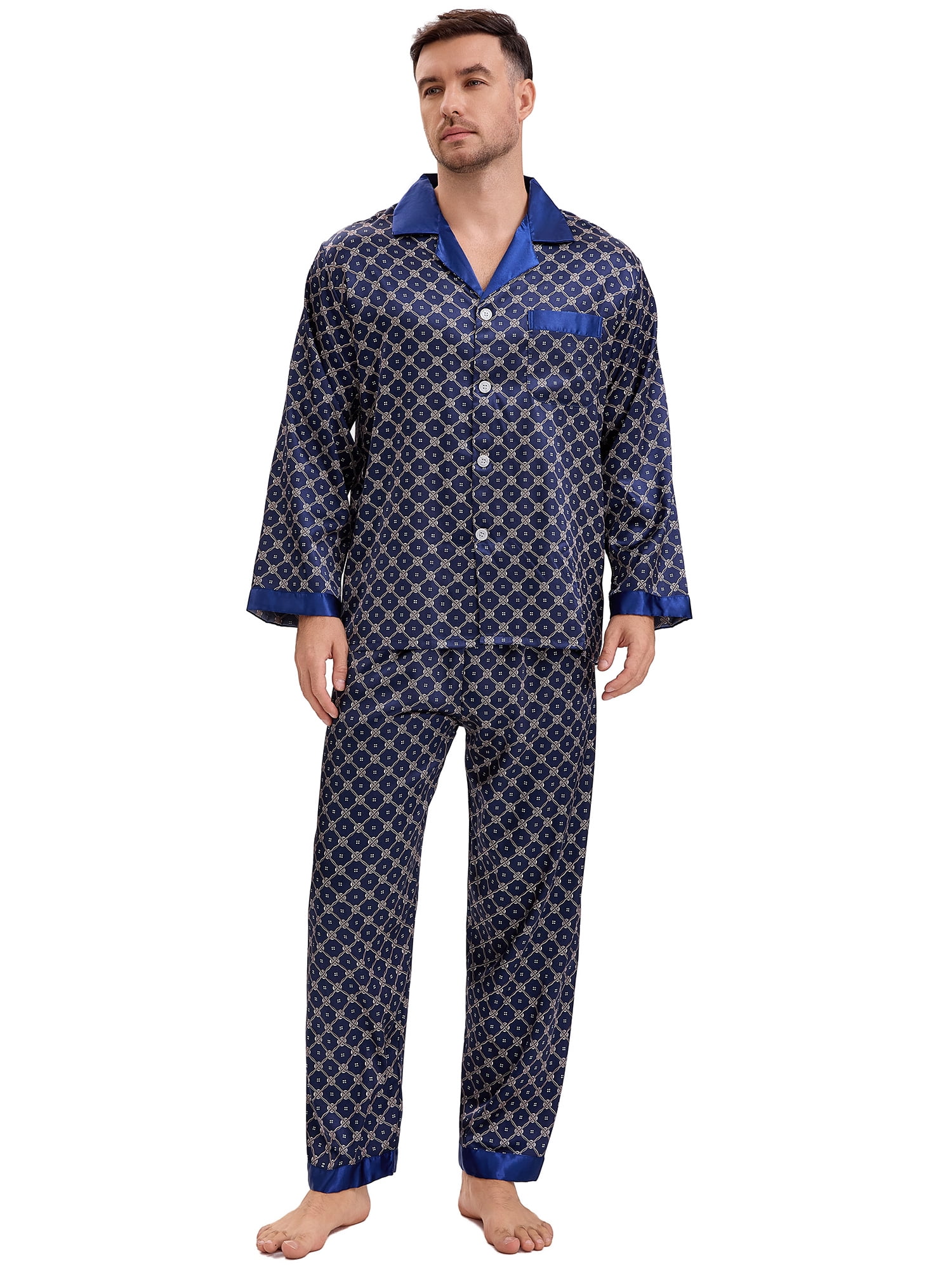 DARING DIVA Men's 2-Piece Button Down Printing Sleepshirt Pajamas Set XL Dark Blue
