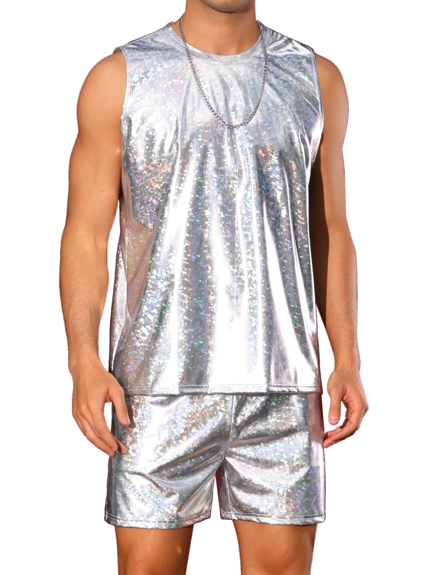DARING DIVA Men's 2-Piece Holographic Tank Top And Shorts Set M Silver