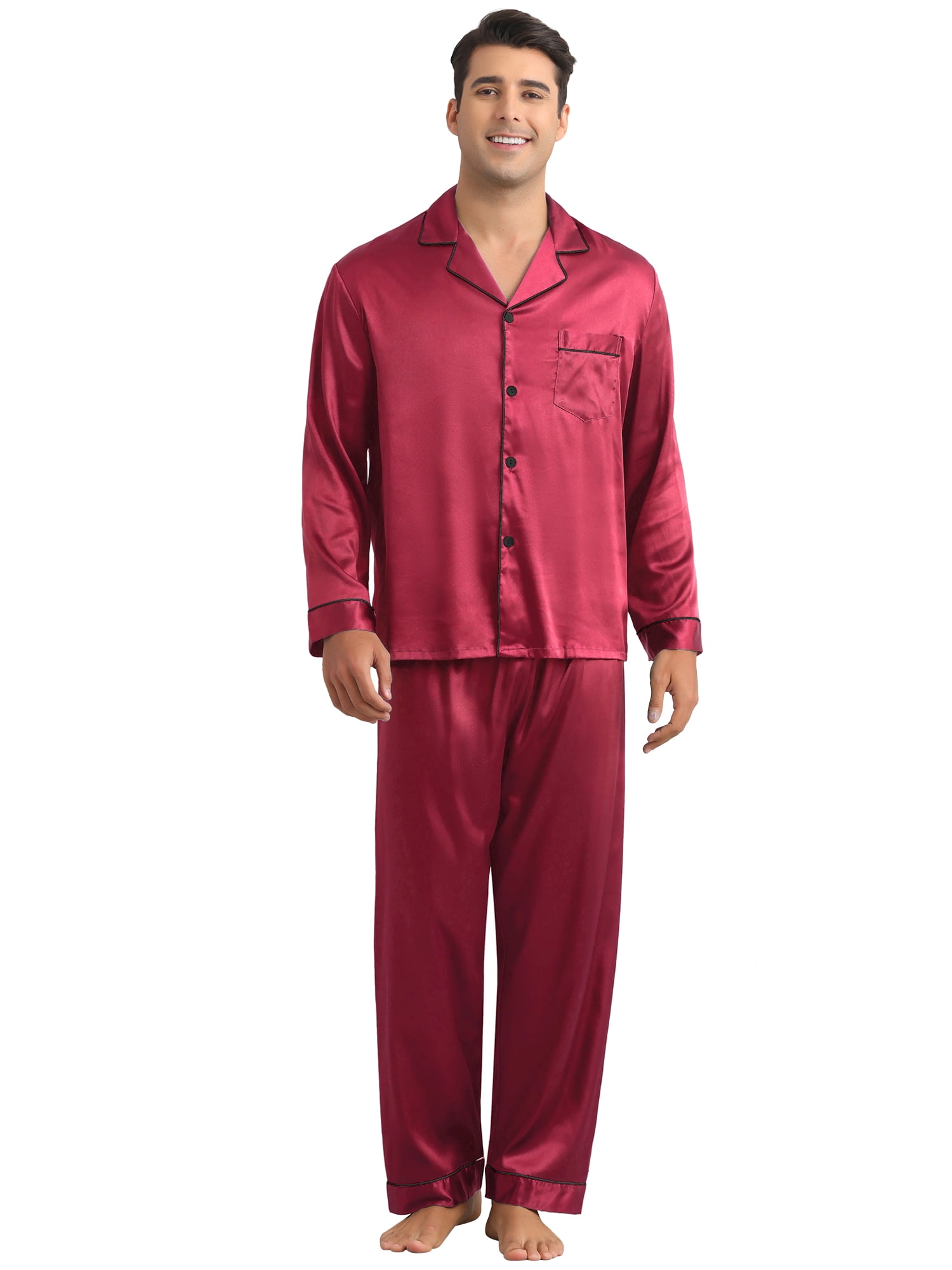 DARING DIVA Men's 2-Piece Homewear Button Down Long Sleeve Shirt L Burgundy