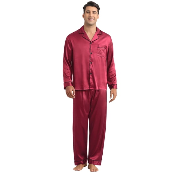 DARING DIVA Men's 2-Piece Homewear Button Down Long Sleeve Shirt L Burgundy