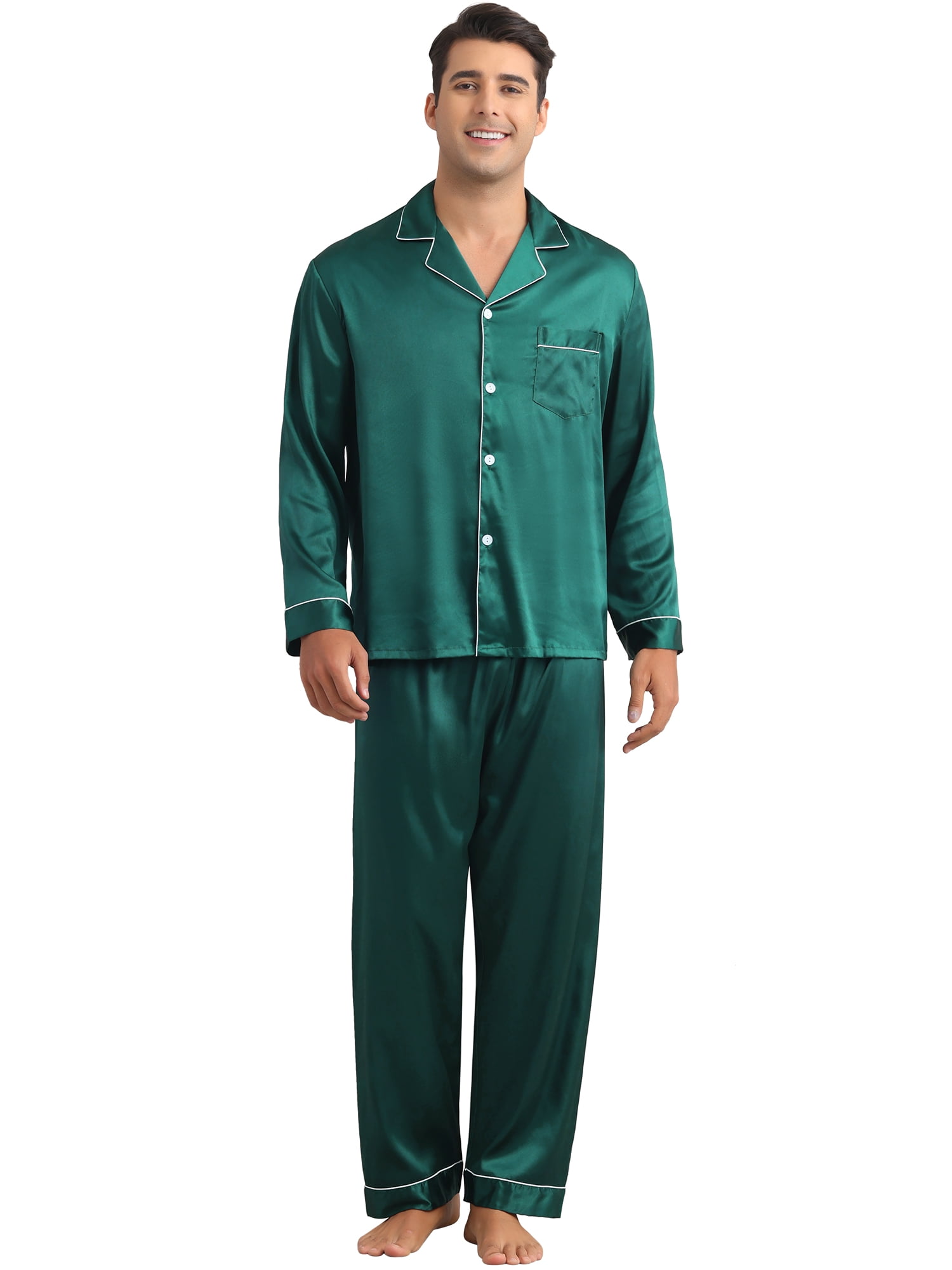 DARING DIVA Men's 2-Piece Homewear Button Down Long Sleeve Shirt L Dark Green