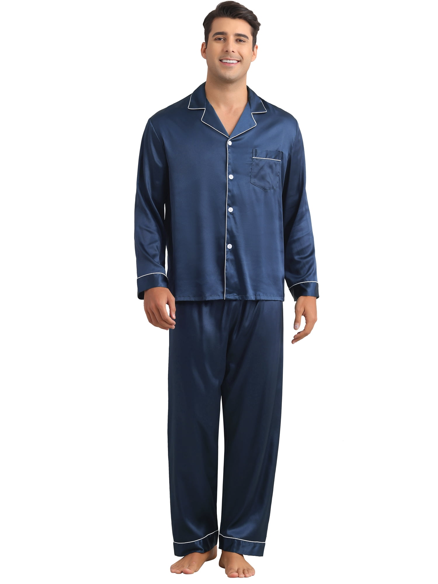 DARING DIVA Men's 2-Piece Homewear Button Down Long Sleeve Shirt L Navy Blue