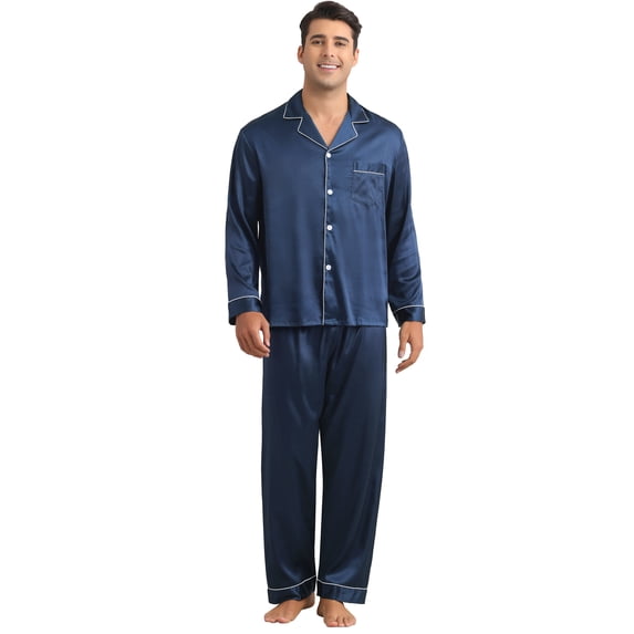 DARING DIVA Men's 2-Piece Homewear Button Down Long Sleeve Shirt L Navy Blue