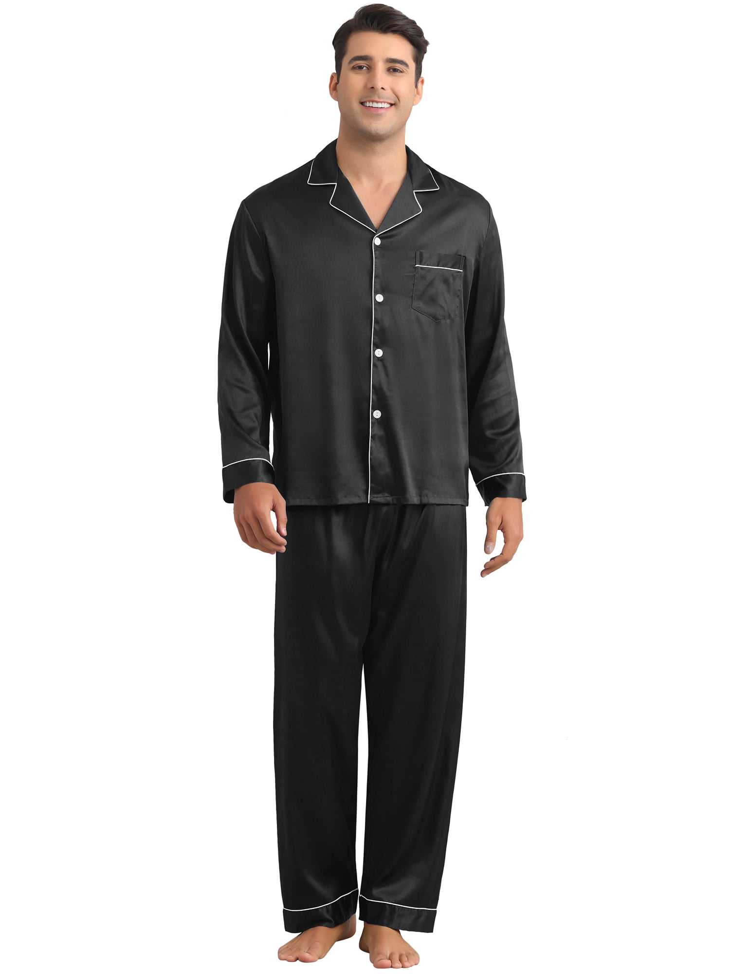 DARING DIVA Men's 2-Piece Homewear Button Down Long Sleeve Shirt XL Black