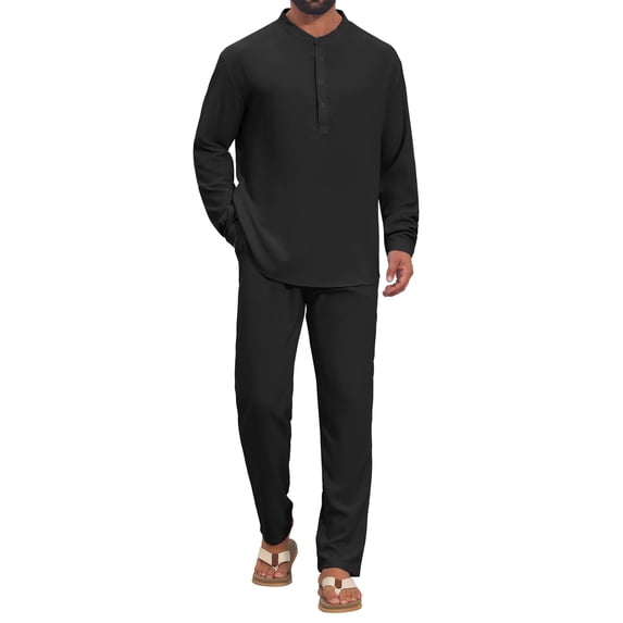 DARING DIVA Men's 2-Piece Linen Long Sleeve Beach Sets Shirt and Pants M Black