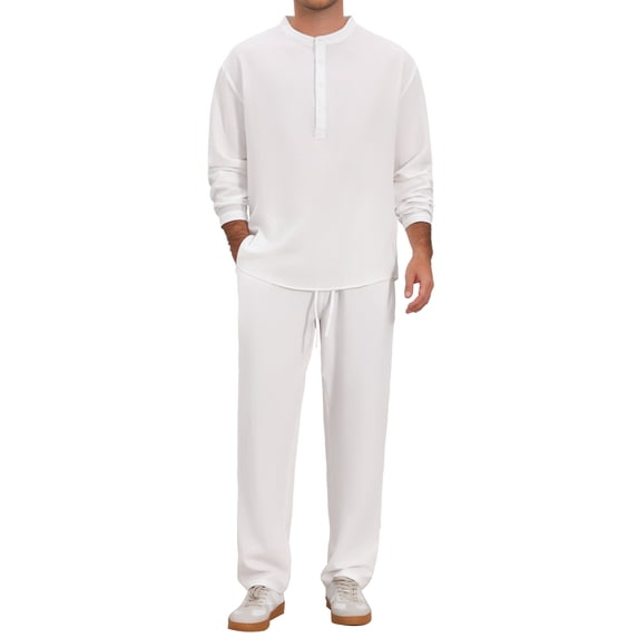 DARING DIVA Men's 2-Piece Linen Long Sleeve Beach Sets Shirt and Pants M White