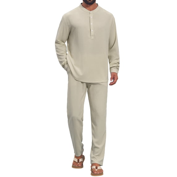 DARING DIVA Men's 2-Piece Linen Long Sleeve Beach Sets Shirt and Pants XL Light Gray